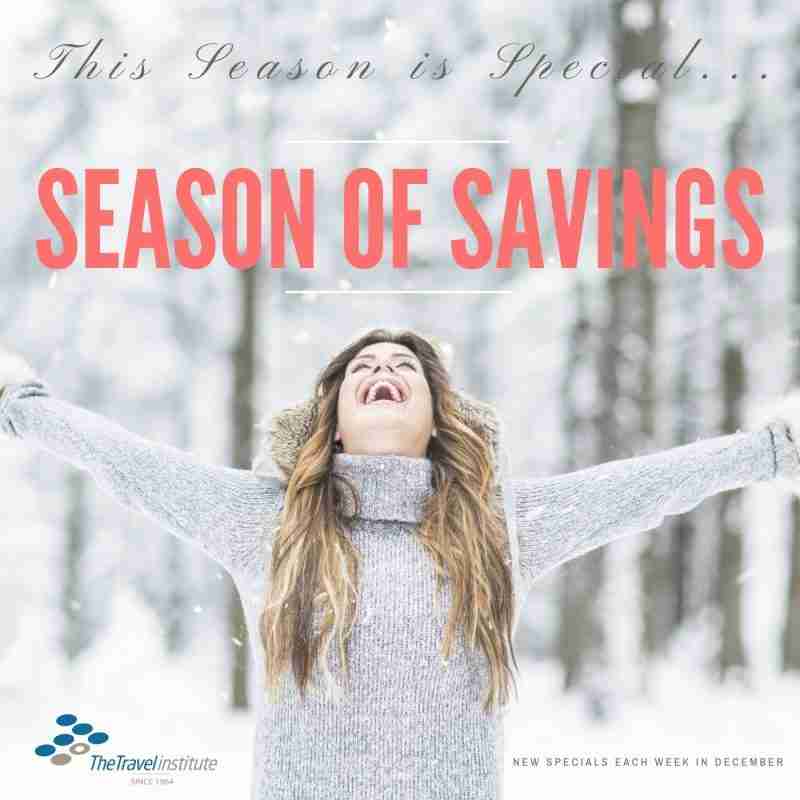 Square Season of Savings 2018 with a girl looking up into the snow and smiling
