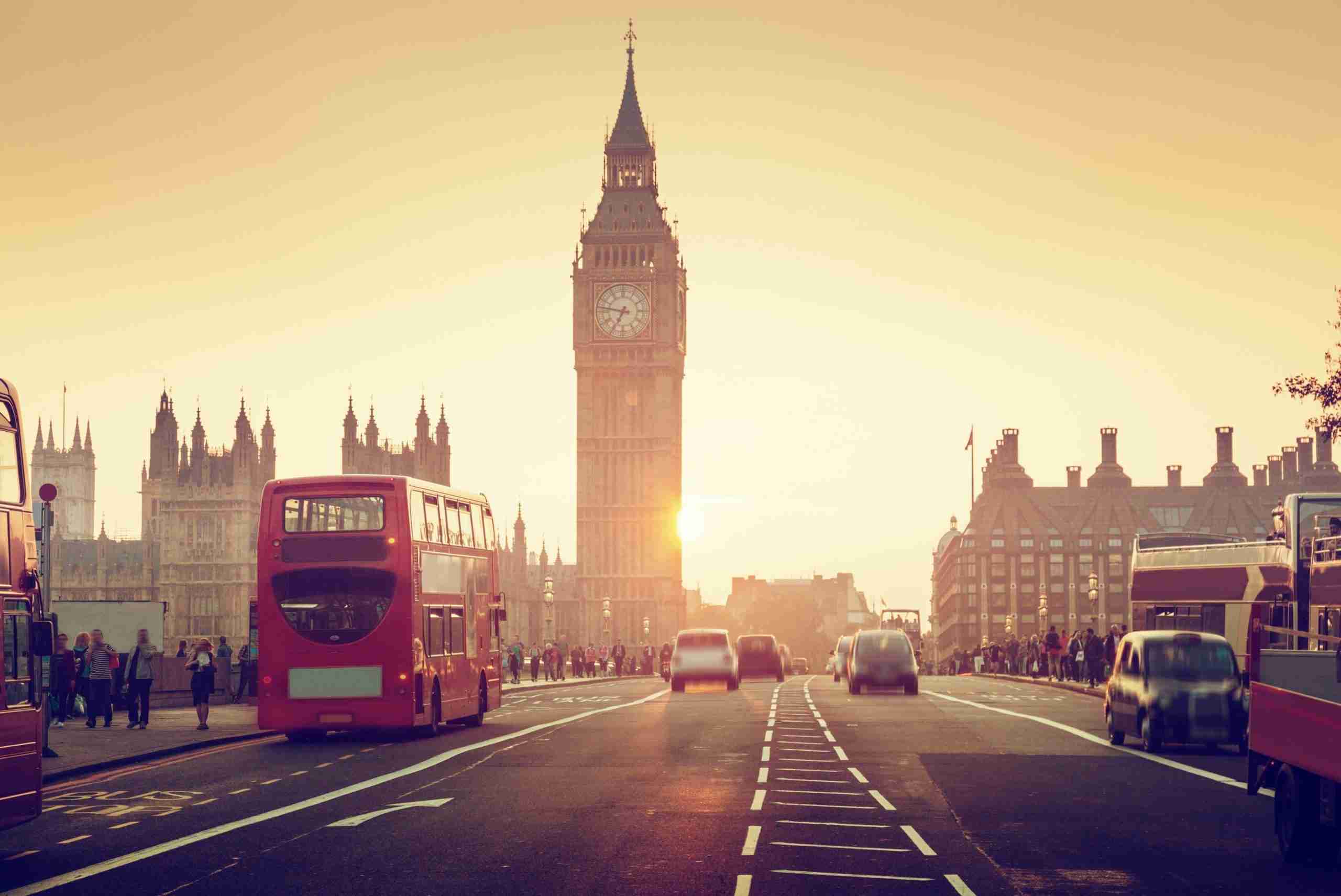 Afternoon scene in London with the Parliament buildings on the left and the tower housing Big Ben in the center. - on Westminster Bridge