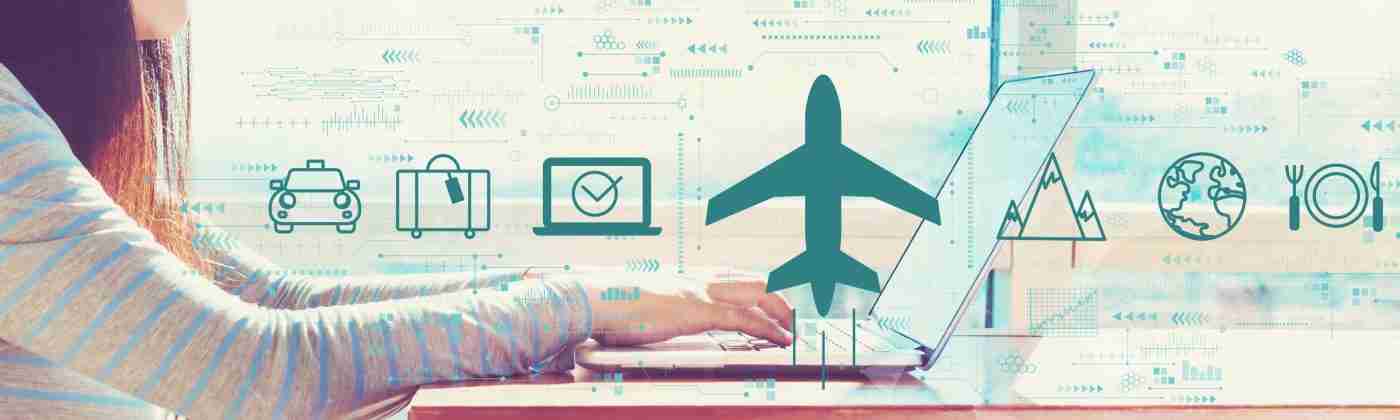 General image of someone working at a laptop surrounded by travel-inspired icons (ex. Car, Luggage, Airplane, moutain, globe, dinnerplate)