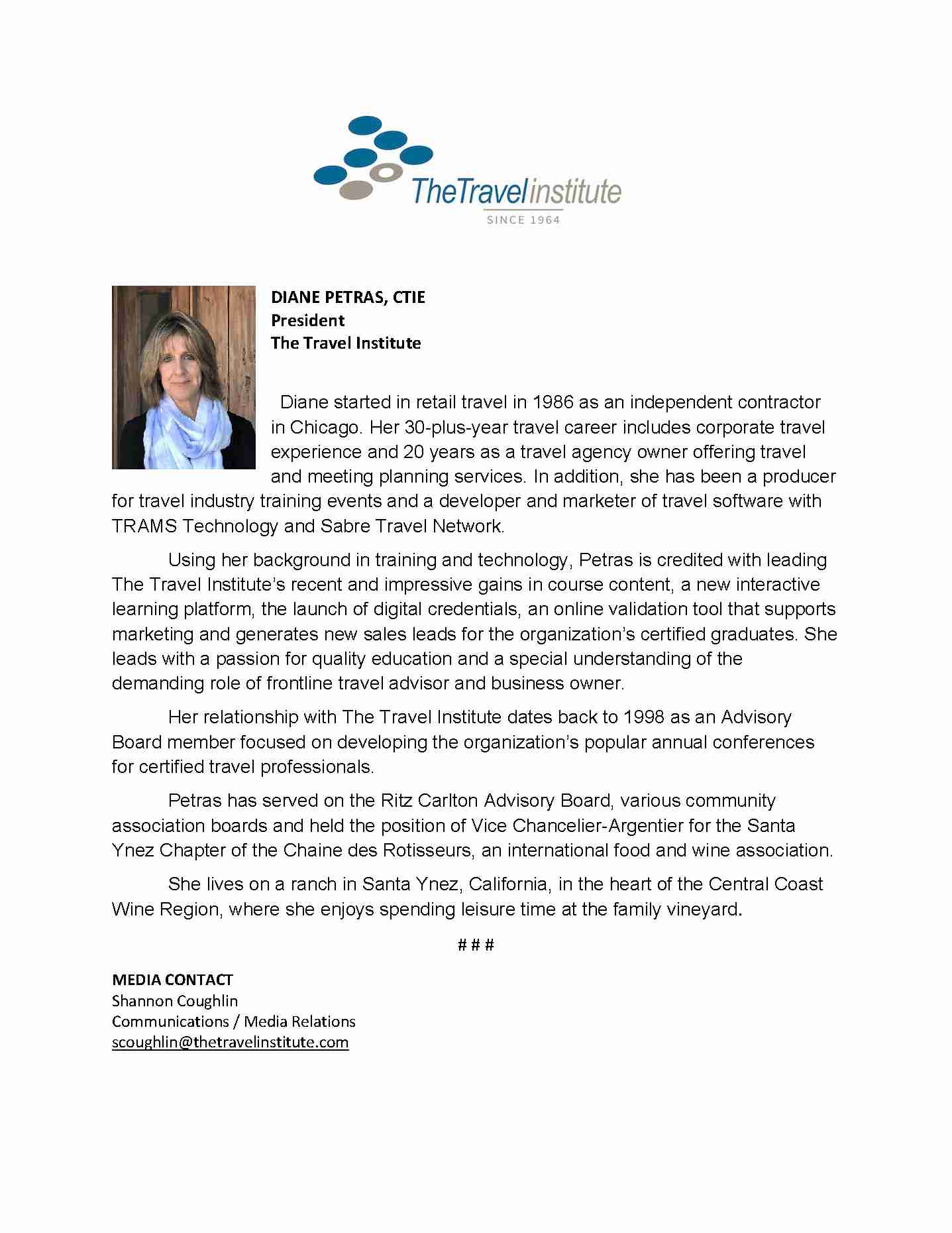Press release image of Diane Petras, CTIE becoming President of The Travel Institute