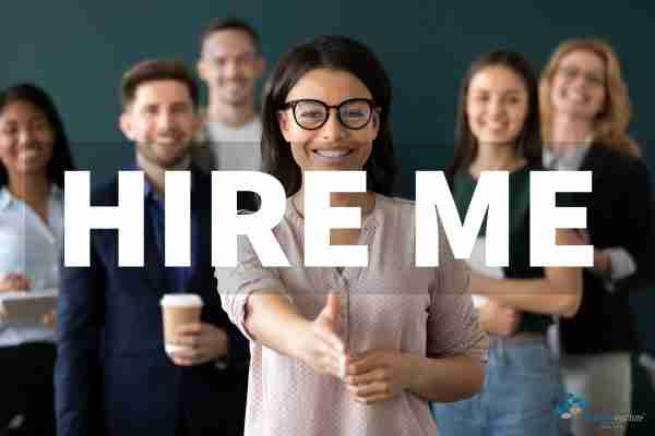 Hire Me banner with diverse workers in casual dress behind the words "Hire Me"