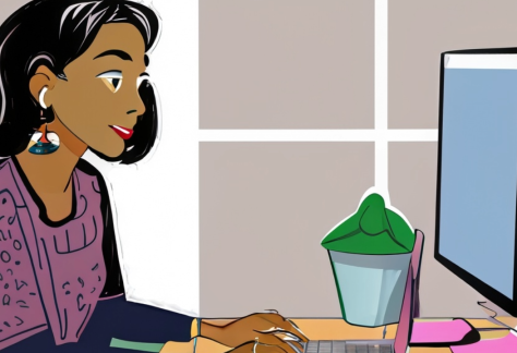 Cartoon image of a woman working on a computer.