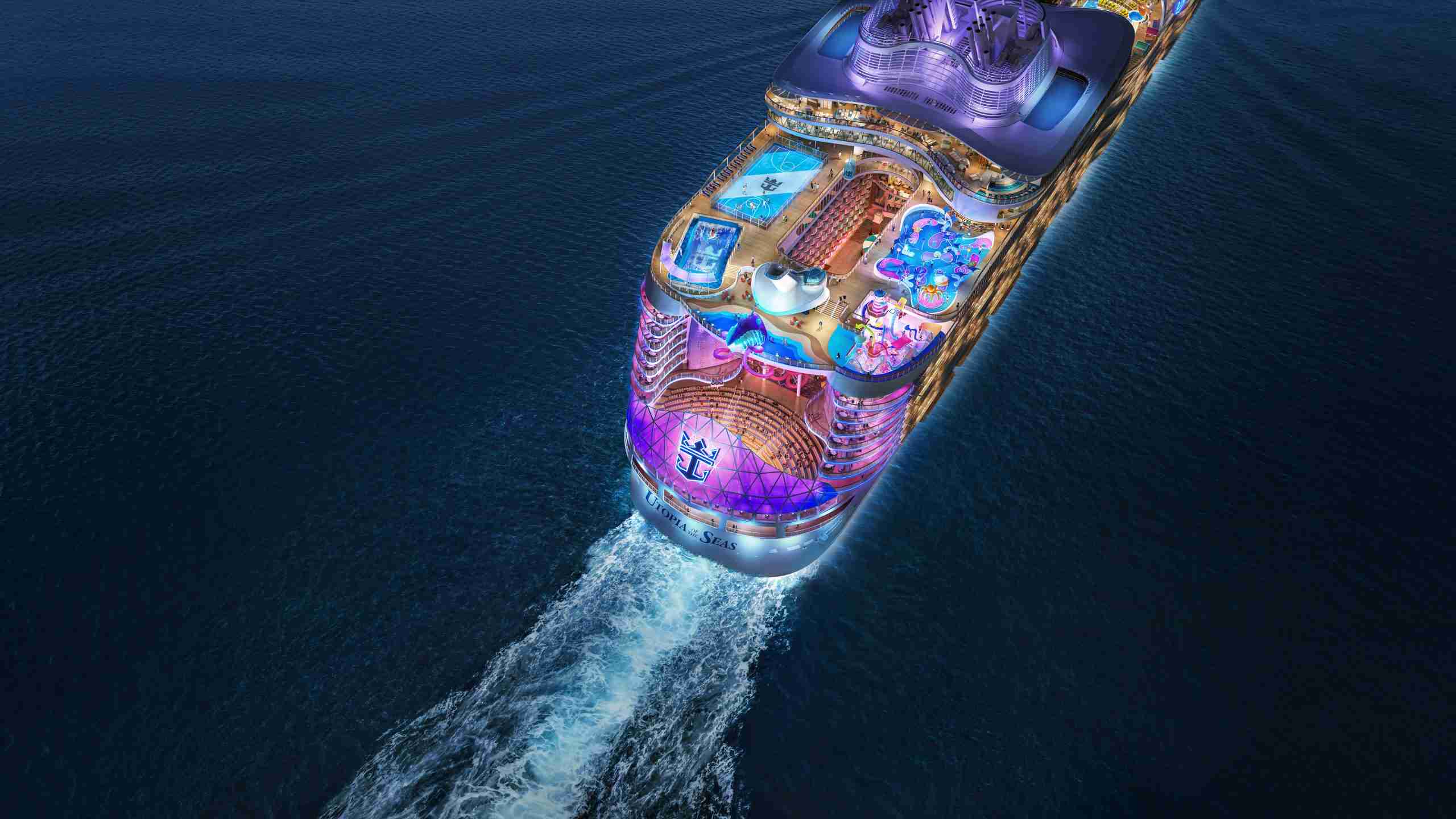 Royal Caribbean cruise ship seen from above at night - Photo courtesy Royal Caribbean International