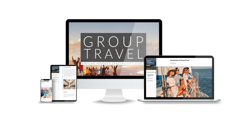 Group Travel course displayed on a variety of mobile/computer screens.