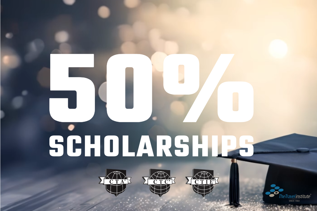 Words: 50% Scholarships and the three certification logos (CTA, CTC and CTIE) are imprinted on an image of a graduation cap.