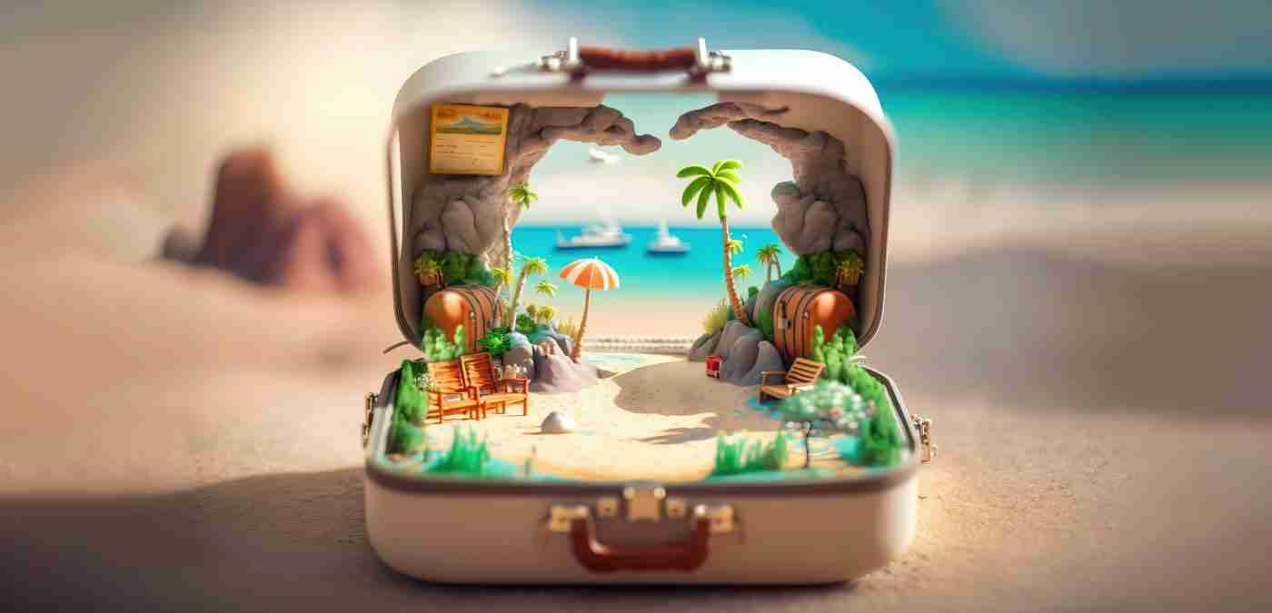 Image of a toy piece of luggage opened with a beach scene inside