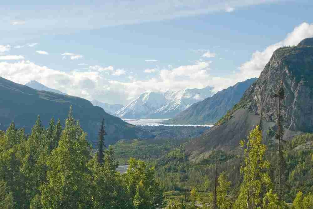A view down a valley towards a glacier in Wrangell-St. Elias National Park in Alaska