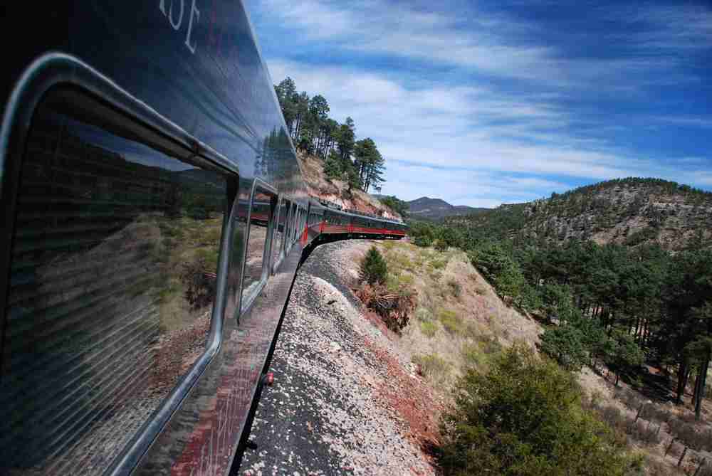 View taken looking toward the engine of the El Chepe train in Mexico as it travels towards the Copper Canyon