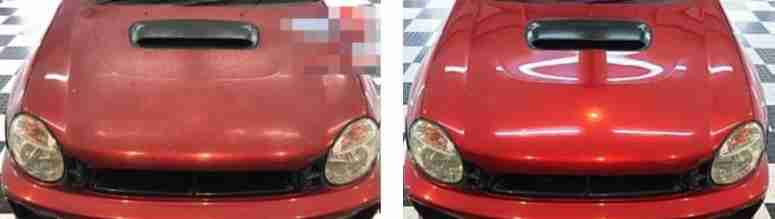 Picture of a red car. On the left - not shiny/polished - on the right - polished and shiny as new
