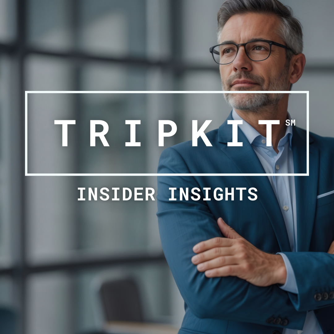 Graphic words: TRIPKIT Insider Insights over a photo of a man in glasses with arms crossed looking left in a boardroom.