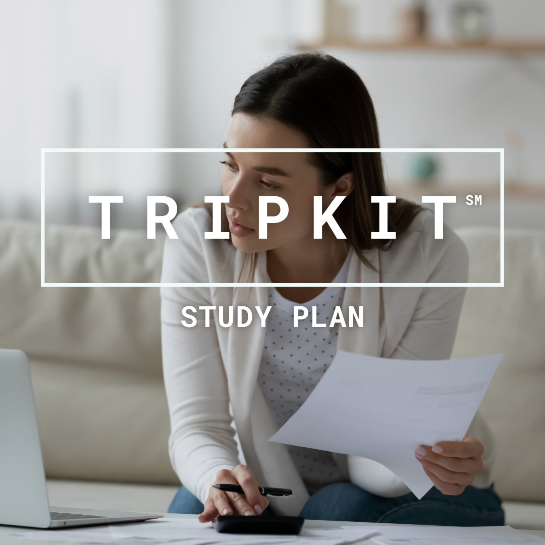 TRIPKIT Study plan graphic with woman holding paper looking at computer.