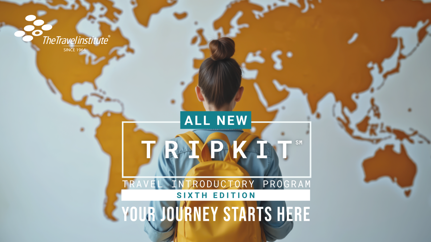 Young brunette woman with yellow backpack and denim jacks faces a wall with world map and countries in yellow. The Graphic overlay says: All New TRIPKIT, Sixth Edition. Your Journey Starts Here