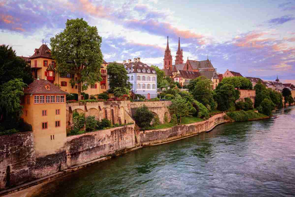 view of Basel on Rhine River Old Town Munster Cathedral