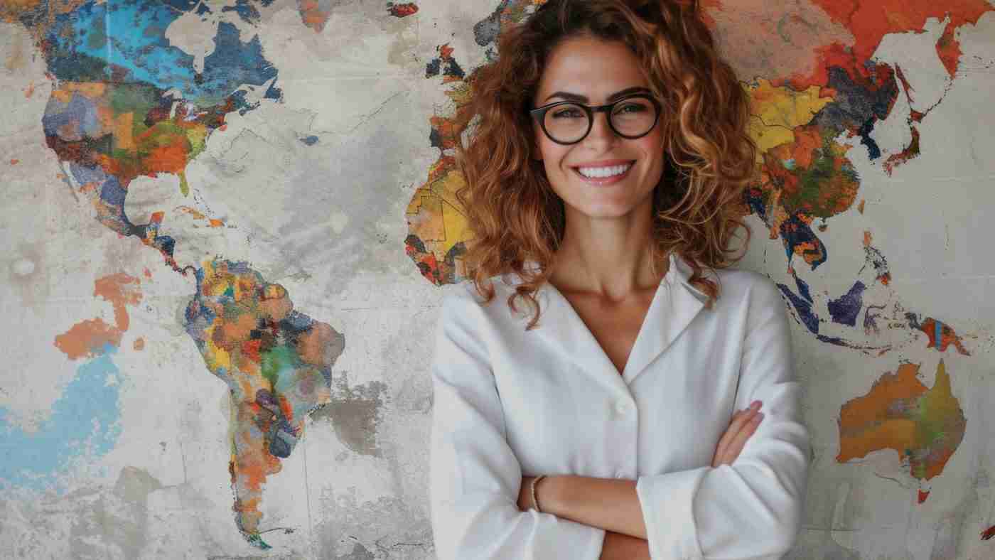 A woman with curly hair is smiling and standing in front of a colorful world map. She is wearing glasses and a white shirt