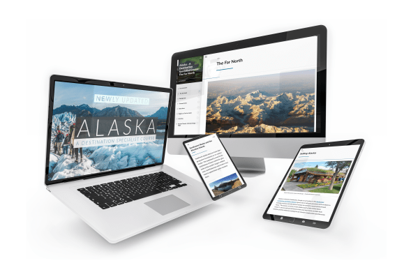A laptop, computer, tablet, and smartphone are in a collage that shows them floating on a white background. Each screen has images of the Alaska Specialist Course by the Travel Institute.