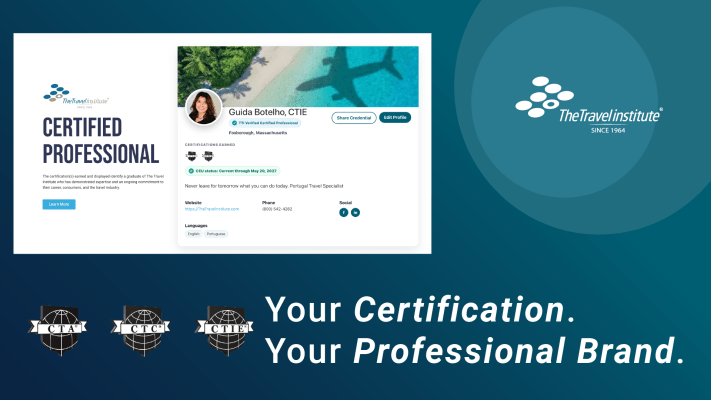 Graphic image with a sample of The Travel Institute's Digital Credential. Logos of certification also appear on a teal background.