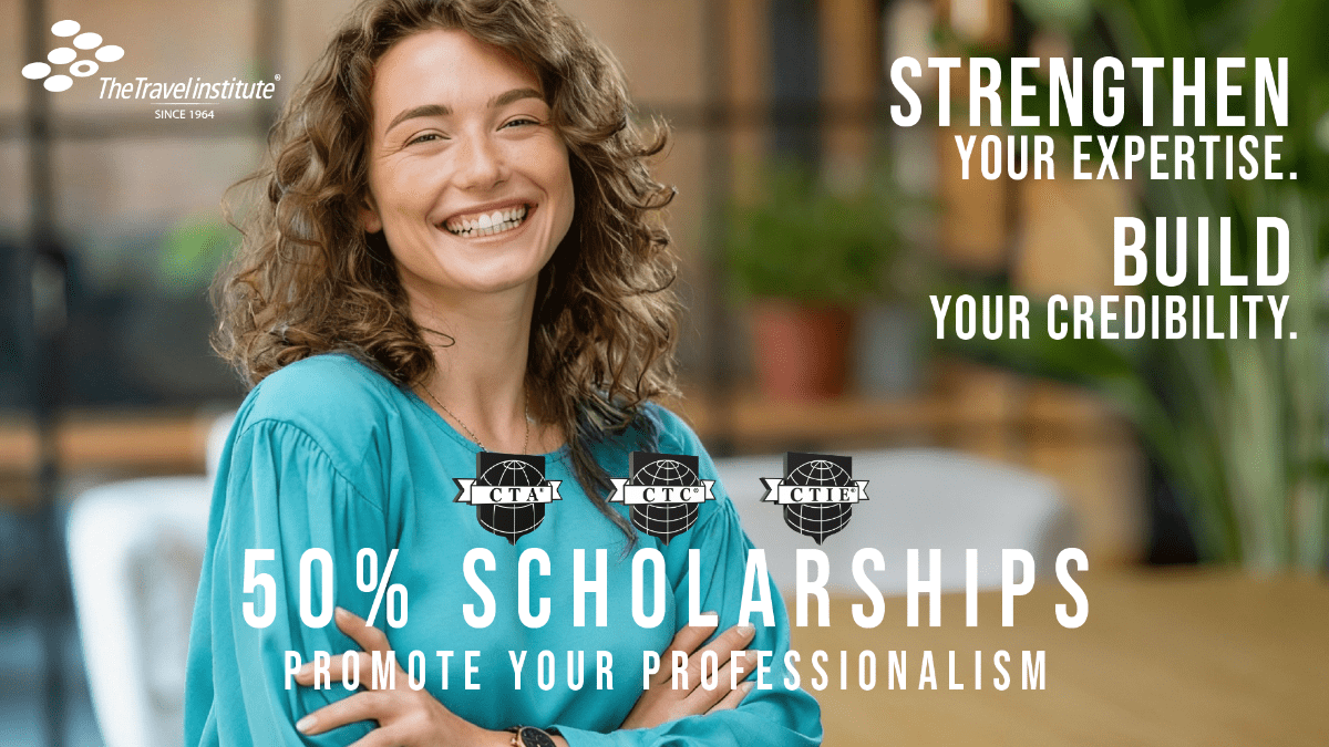 Smiling woman behind words promoting the 50% scholarships.