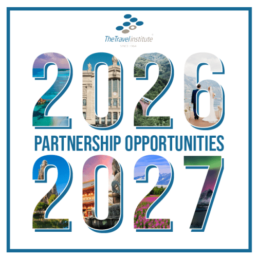 Cover image for the 2026-2027 partnership opportunities. Includes Text outlines with the travel institute logo.
