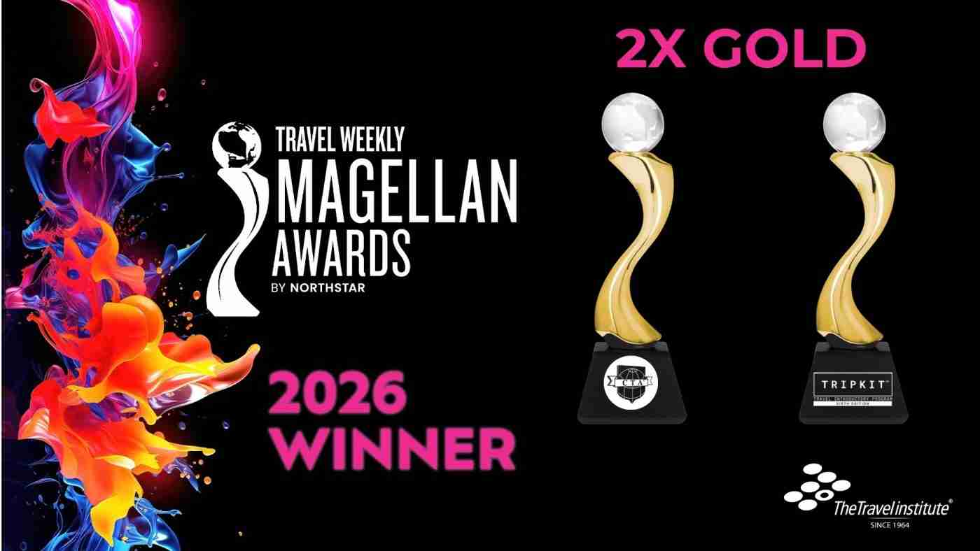 Graphic with black backgroud and colorful paint splash. Travel Weekly Magellan award logo and words 2026 Winner. Two Gold awards with for CTA and TRIPKIT listed.